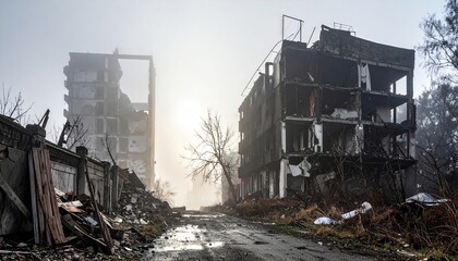 Urban devastation after catastrophic event, collapsed buildings, debris, dust, and destruction create a haunting apocalyptic cityscape under a hazy sky.
