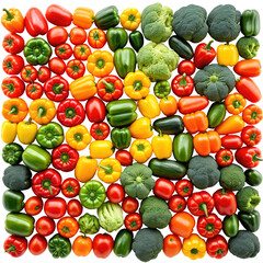 Colorful peppers and broccoli, arranged neatly on a black background