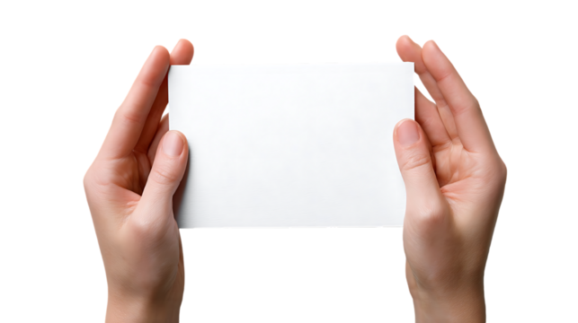 Hands Holding A4 Size White Card Isolated on Transparent Background