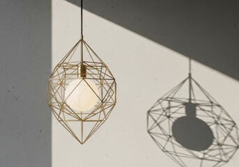 Geometric wireframe pendant lights casting shadows on a wall