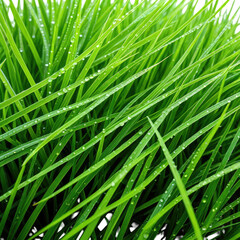 Dewy green grass. Tall blades glisten in light. Macro photo