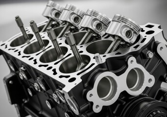 Close up view of a disassembled internal combustion engine block with pistons