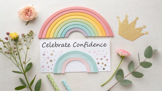 Rainbows and celebration card arrangement with floral elements - Powered by Adobe