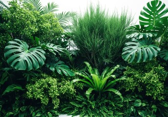 Lush green tropical plants and foliage wall display