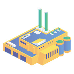 Isometric Yellow Industrial Factory Building With Blue Roof and Two Tall Green Blue Smokestacks On A White Background
