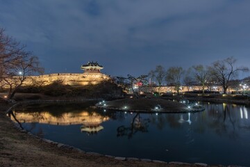 Captured this serene view of Hwaseong Fortress' Banghwasuryujeong in March. The calm pond and traditional architecture shine under the dark sky with a great reflection.