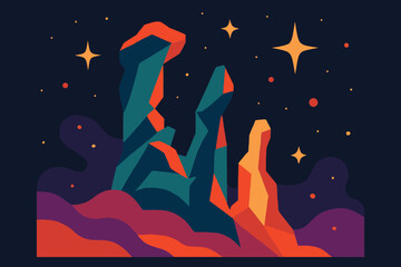 Stylized Pillars of Creation Nebula Cosmic Dust Stars and Galaxy Light Illustration with Clear Edges and Flat Color Space Concept  © MORIUM JANNAT