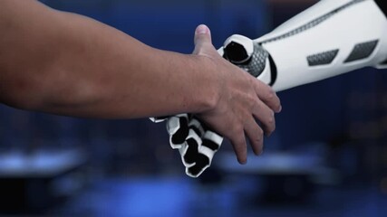 This image captures the essence of software as a service (SaaS) technology, showcasing a robotic hand and a human gesture in a modern business environment, emphasizing innovation. Synapse - Powered by Adobe
