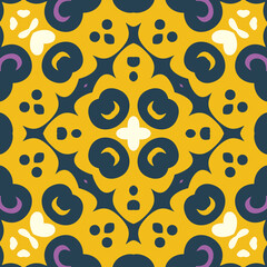 Intricate Yellow and Dark Blue Damask Pattern With Small Purple and Cream Accents Perfect For Wallpaper And Textiles