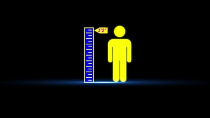 Yellow stick figure silhouette measured against ruler showing 3 feet 2 inches height against