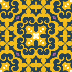 Intricate Yellow and Teal Damask Tile Pattern With Small Purple Accents and White Details Repeating Seamlessly
