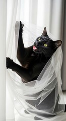 Black Cats Playful Encounter with a Sheer Curtain.