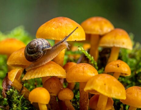 Snail exploring golden mushrooms amidst vibrant green moss
