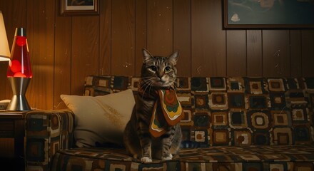 Tabby cat, wearing a colorful knitted scarf, sits on a retro sofa with geometric pattern. A red lava lamp casts warm, nostalgic light, creating a cozy domestic scene in a wood-paneled room