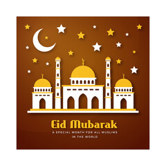 Islamic Mosque With Crescent Moon And Stars On Brown Background Eid Mubarak Celebration Religious Holiday Festival