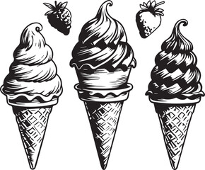Delicious ice cream cones and cups minimal monochrome illustration