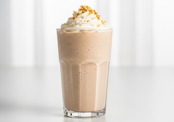Tall glass of creamy peanut butter milkshake topped with whipped cream and sprinkles