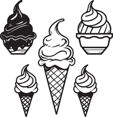 Delicious ice cream cones and cups minimal monochrome illustration