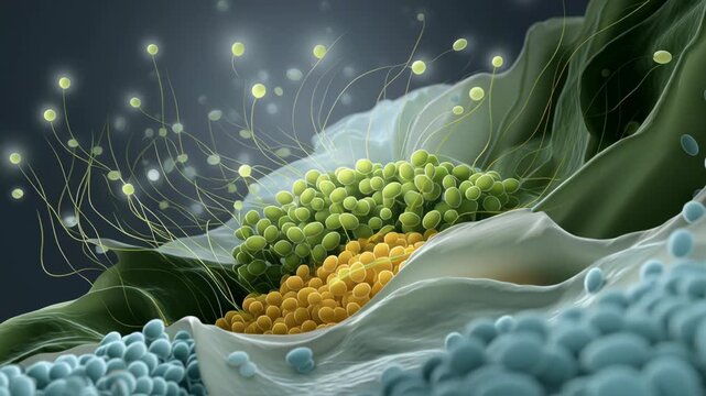 Glowing cell diagram featuring green, yellow, and blue spherical structures connected by thin filaments emitting light dark
