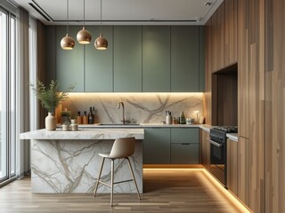 Obraz premium Modern Kitchen Interior with Marble Island and Wooden Accents 