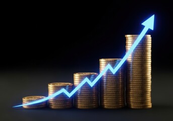 Rising stack of gold coins with a bright blue upward trend arrow