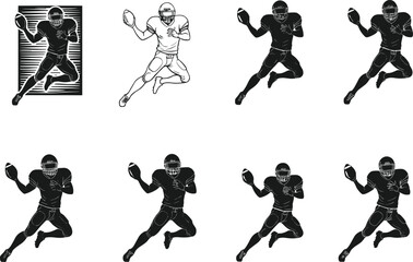 American football quarterback pose, male athlete throwing ball, silhouette and sketch styles, sports vector illustration set for design, animation, education
