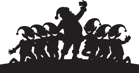 Obraz premium Santa Claus and elves taking a selfie together in silhouette christmas holiday