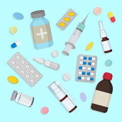 Medicine and pharmacy elements Colorful pills capsule injection nose spray blister with tablets