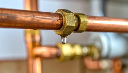 Copper pipe leaking water drop shows plumbing issue, water conservation, repair needs, and maintenance concerns in residential or commercial buildings.