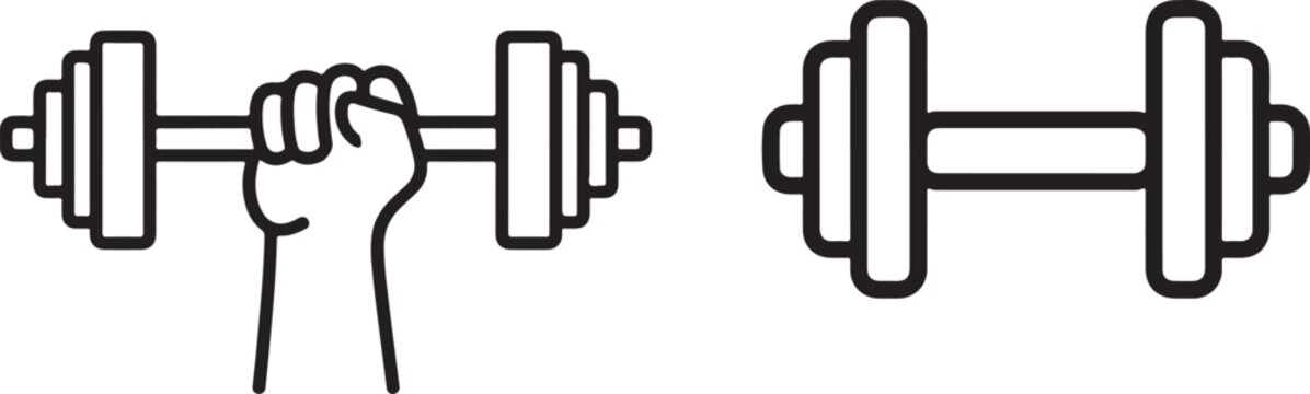 Hand gripping dumbbell next to free weight equipment for strength training fitness