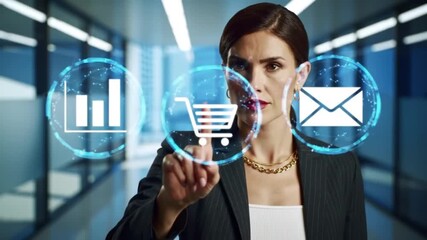 Businesswoman Interacting with Holographic Interface Showing Business Analytics, E-commerce, and Communication Icons - Powered by Adobe