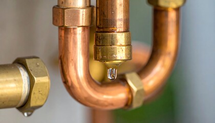 Copper pipe leaking water drop, closeup view shows plumbing leak and need for urgent repair or maintenance to prevent water damage and corrosion.
