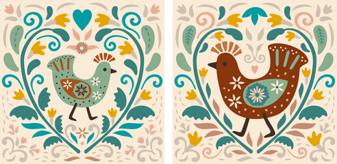 Pair of stylized birds surrounded by terracotta, mustard, and teal floral heart motifs in a traditional folk composition. Scandinavian heritage inspired rustic chickens and floral compositions.