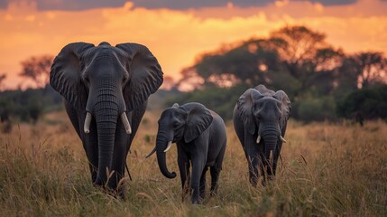 Fototapeta premium A family of elephants walking through tall grass at sunset in the african wilderness scene