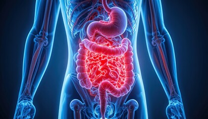 Stunning 3D rendering of the human digestive system highlighting gut health and the importance of a balanced diet for overall well being