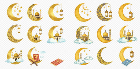 A collection of golden crescent moon illustrations featuring mosques, lanterns, stars, clouds, Quran, and prayer mats, symbolizing Islamic holidays and traditions.