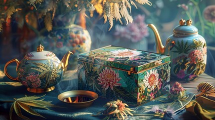 A photo of a cannabis tea box with artistic