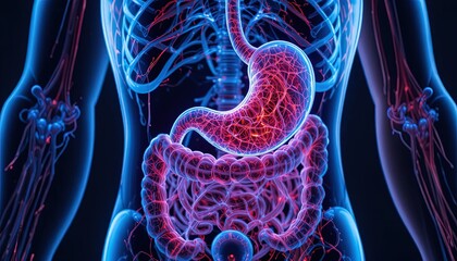 Detailed human digestive system anatomy with stomach and intestines for medical research and educational materials, rendered in vibrant pinks and blues