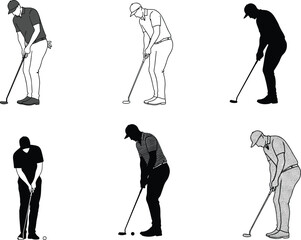 Golf putting stance illustration, vector golfer pose set, sports technique study, silhouette and line art, training motion, editable design, isolated figures