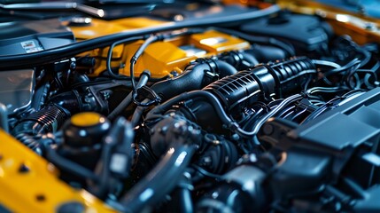 A photo of a car engine compartment with open hood.