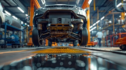 A photo of a car with a raised axle for maintenance.