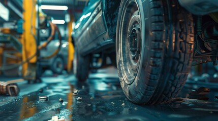 A photo of a car with a raised axle for maintenance.