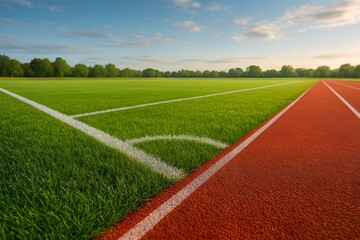Green sports field with running track under clear sky