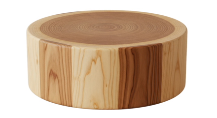 Thick round wooden butcher block for product display podium. Isolated on transparent background, png