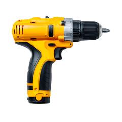 Yellow cordless power drill for home improvement and construction projects isolated on black background