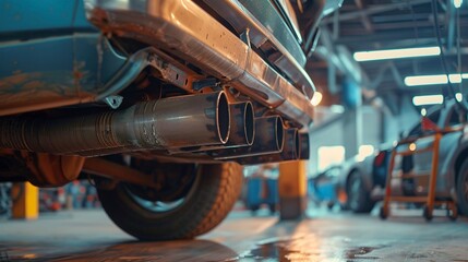 A photo of a car&rsquo;s exhaust system being repaired. ,