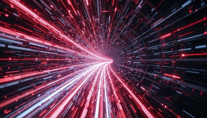 Enter the dynamic neon cyberspace tunnel with vibrant red and white lights racing through a futuristic grid for a stunning digital experience now
