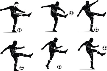 Soccer player silhouette, kicking pose, football action, sports movement, dynamic athlete, ball control, vector illustration, black figure, training concept, motion graphic