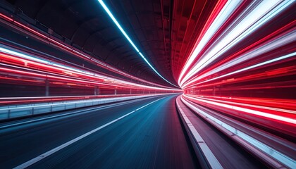 Dynamic light trails speed through a modern tunnel, creating an abstract futuristic design with vibrant red and blue hues, perfect for technology concepts