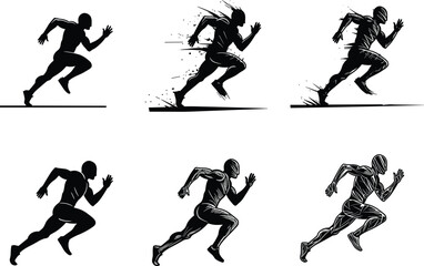 Sprinter silhouette motion illustration, dynamic running posture, speed and energy concept, abstract athlete design, muscle anatomy detail, sports vector for animation